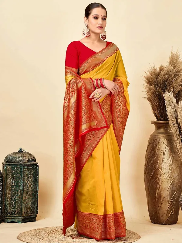 Elegant Yellow Silk Saree with Traditional Red Weave
