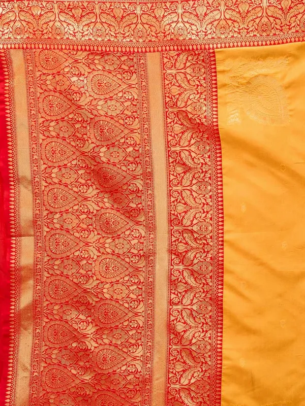 Elegant Yellow Silk Saree with Traditional Red Weave