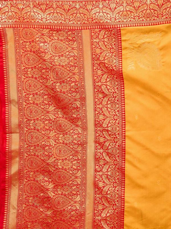 Elegant Yellow Silk Saree with Traditional Red Weave