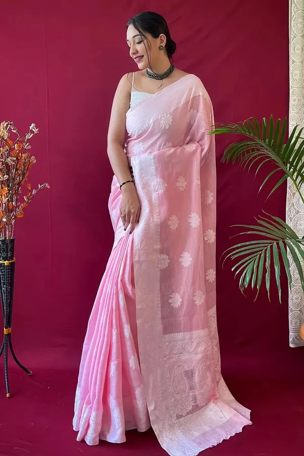 Blush Pink Silk Saree with Floral Zari Grace Weave