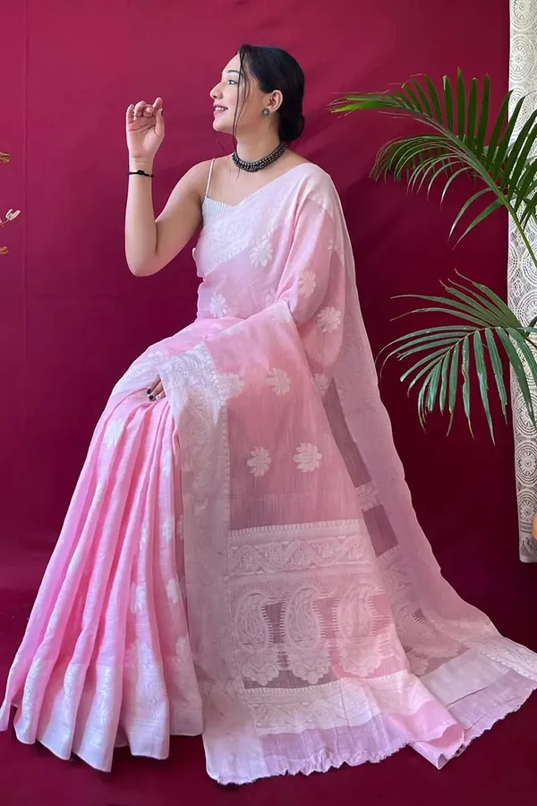 Blush Pink Silk Saree with Floral Zari Grace Weave