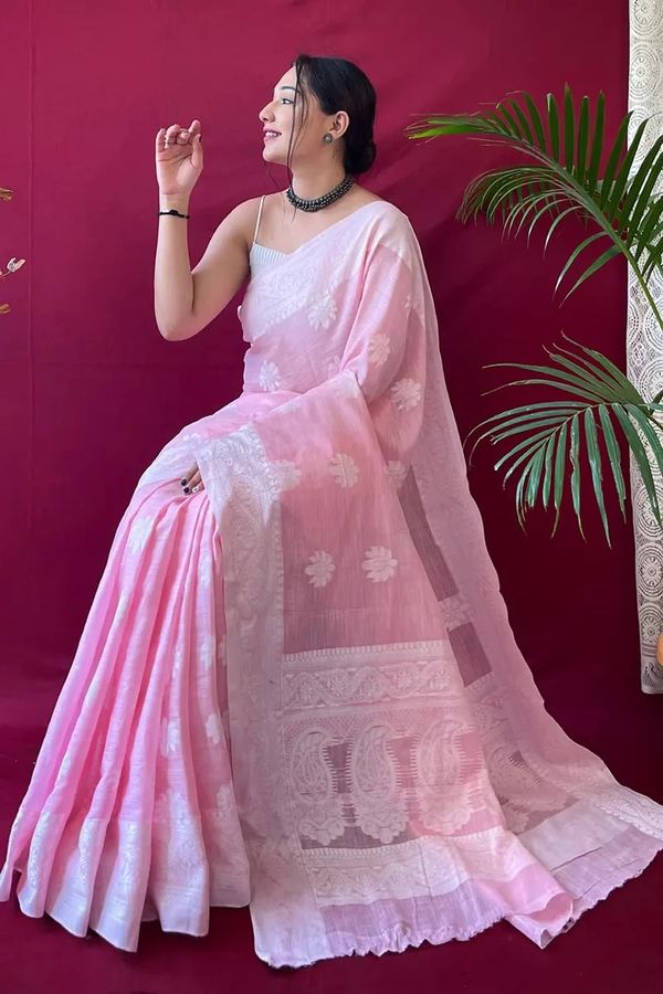 Blush Pink Silk Saree with Floral Zari Grace Weave