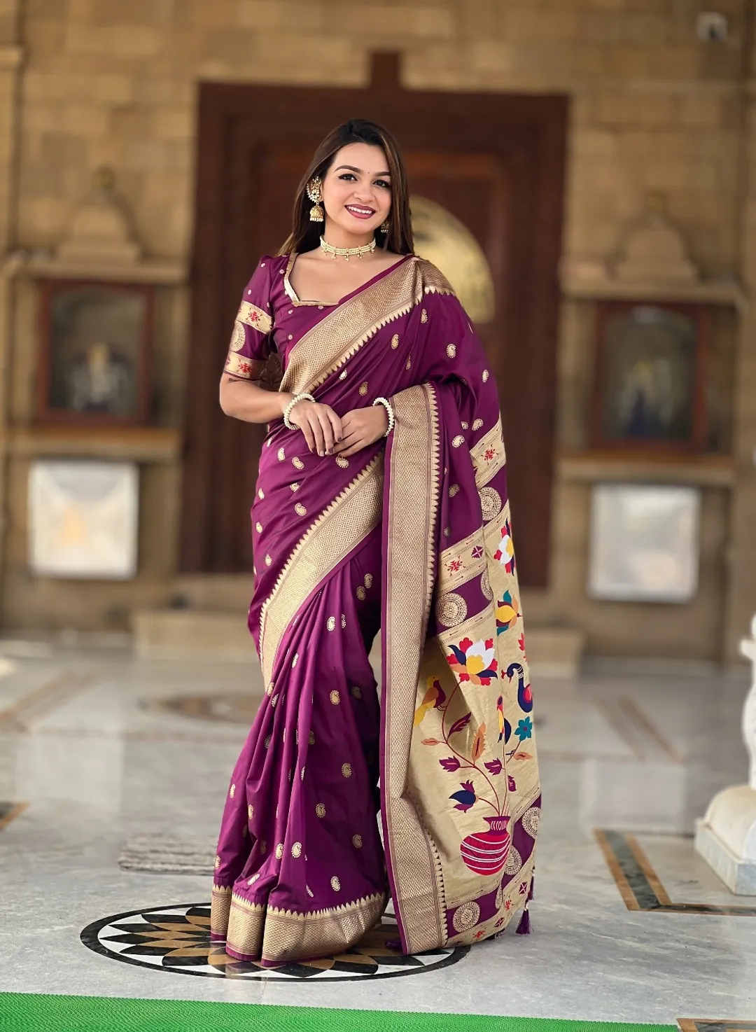 Wine Banarasi Silk Saree with Zari & Paithani Pallu