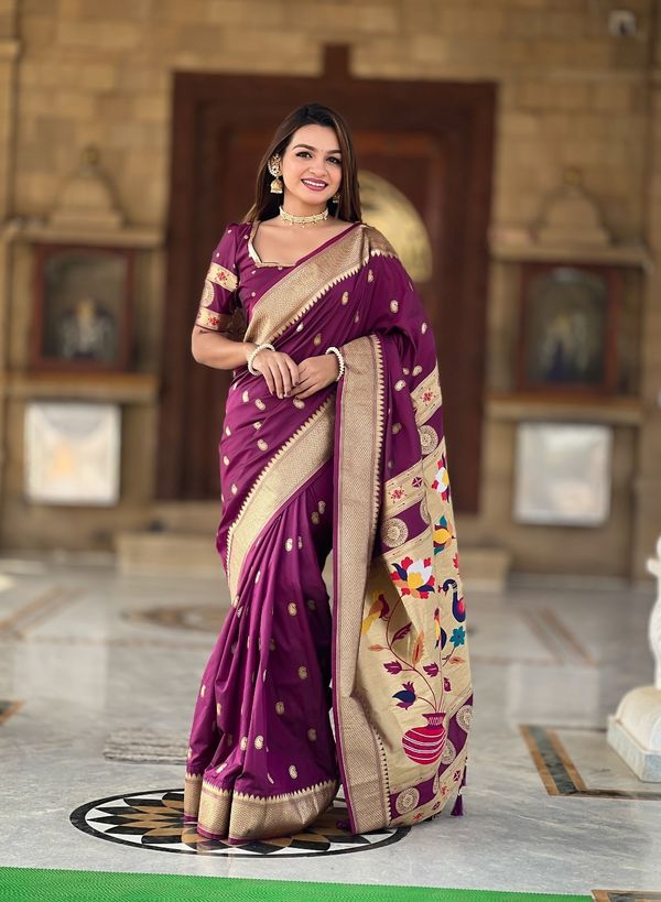 Wine Banarasi Silk Saree with Zari & Paithani Pallu