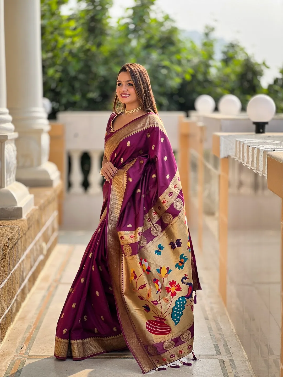 Wine Banarasi Silk Saree with Zari & Paithani Pallu