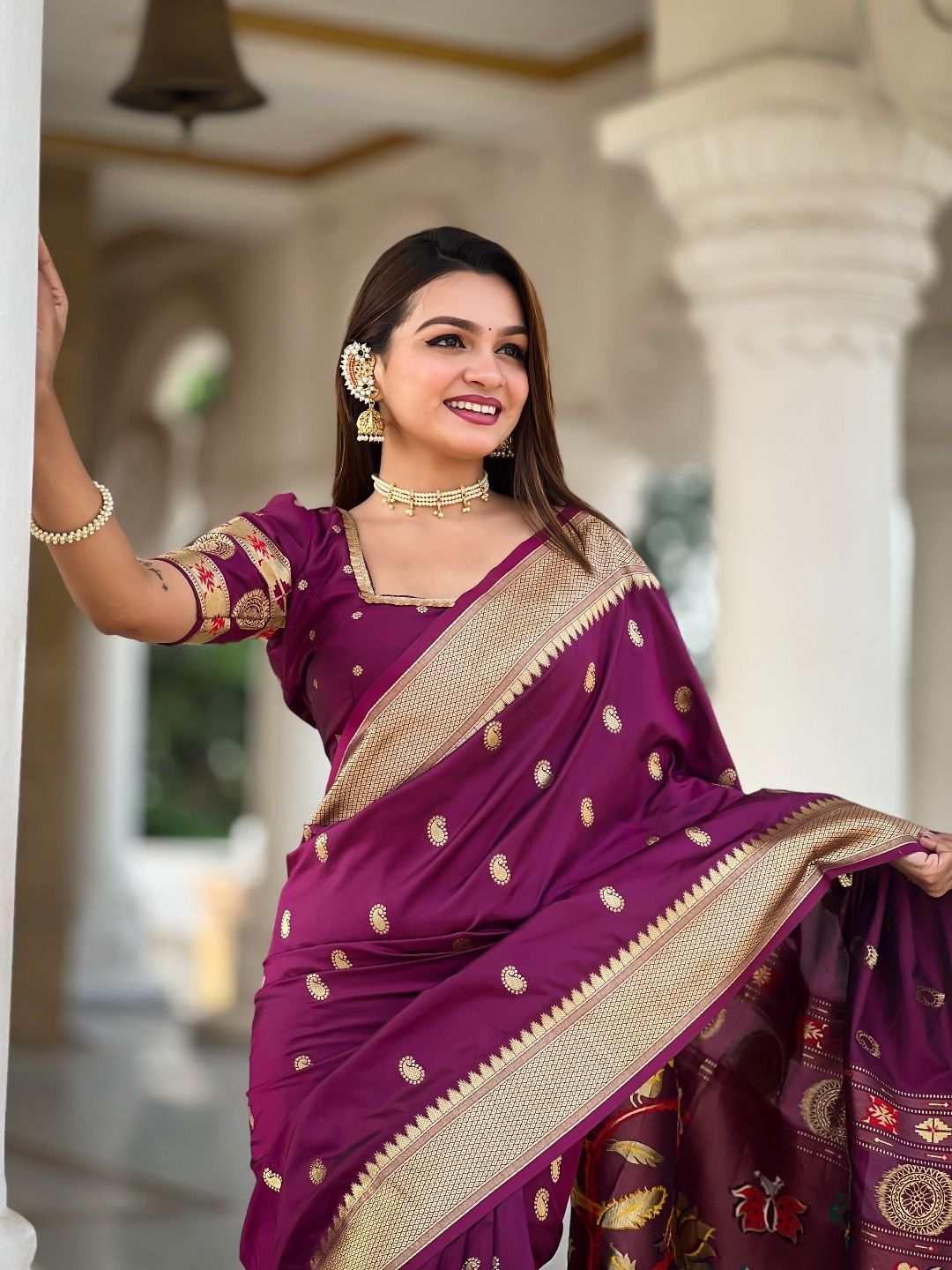 Wine Banarasi Silk Saree with Zari & Paithani Pallu