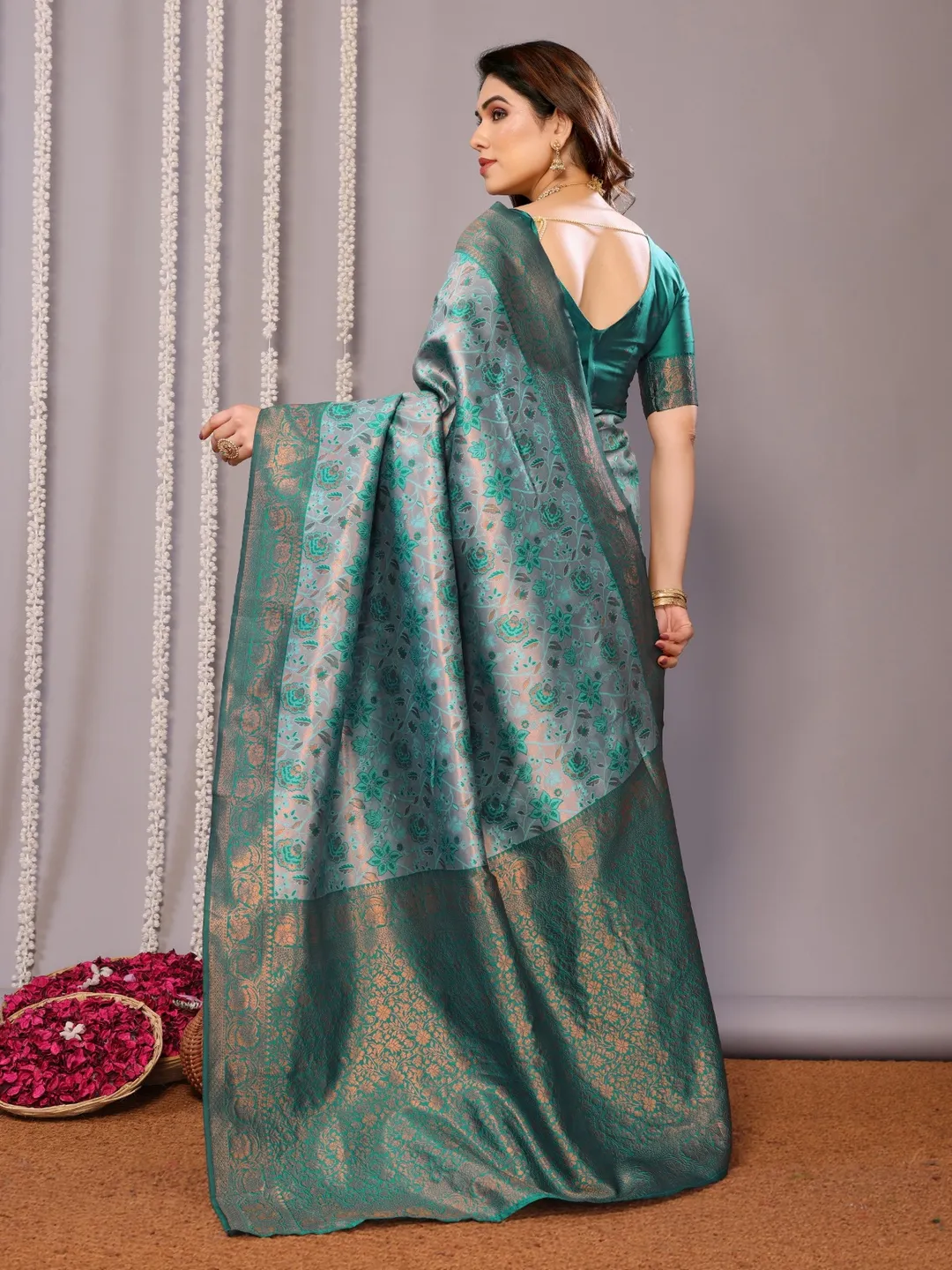 Teal Banarasi Silk Saree with Zari Floral Weaving