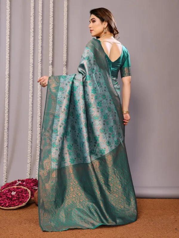 Teal Banarasi Silk Saree with Zari Floral Weaving