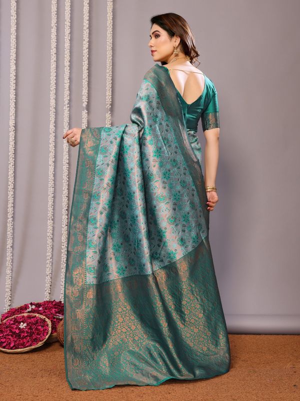 Teal Banarasi Silk Saree with Zari Floral Weaving