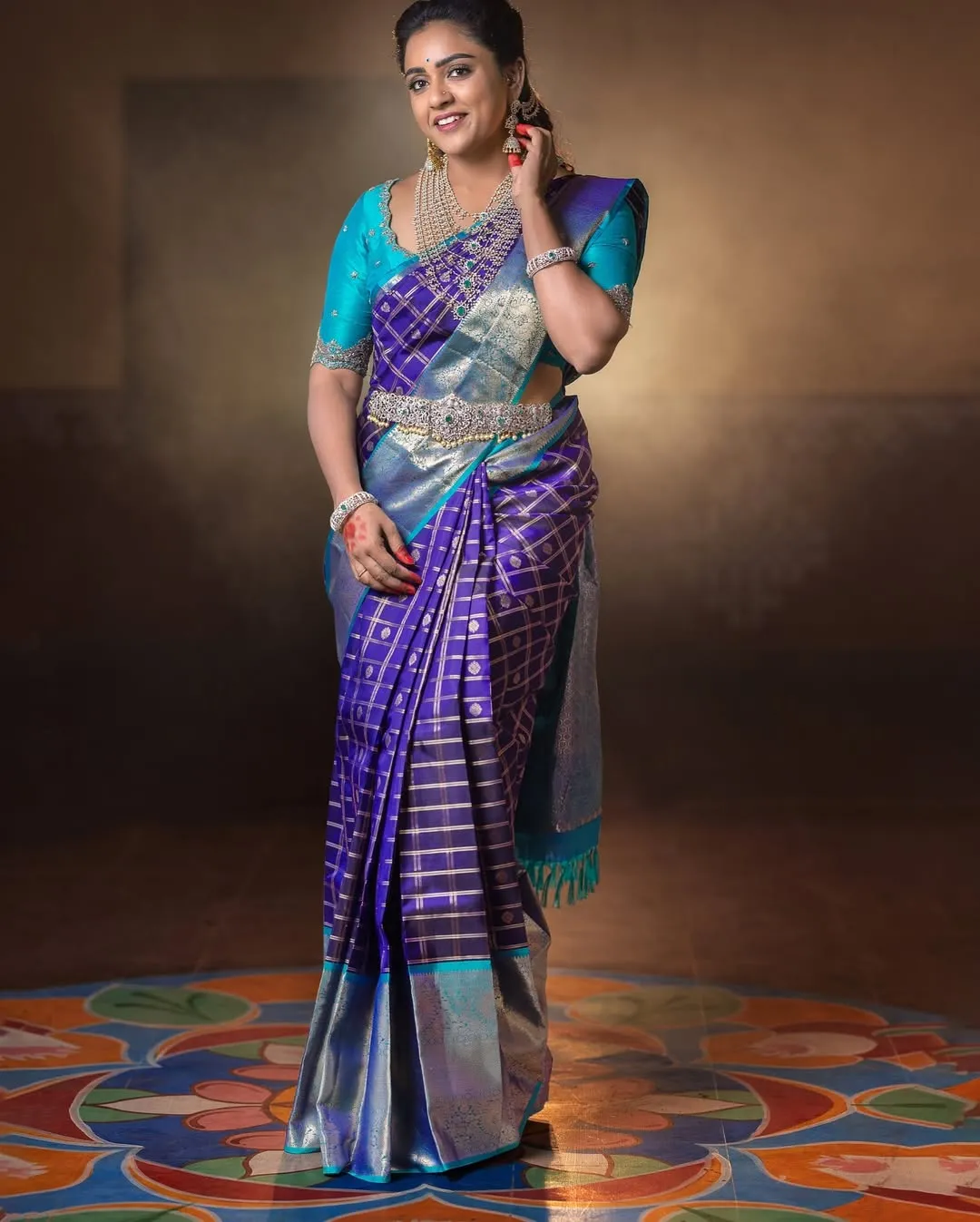 Elegant Purple Silk Saree with Zari Checks & Teal Contrast