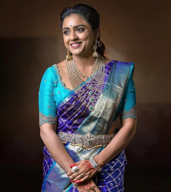 Elegant Purple Silk Saree with Zari Checks & Teal Contrast