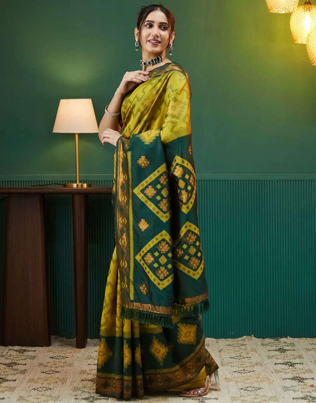 Royal Mustard Green Banarasi Silk Saree with Rich Zari Glow