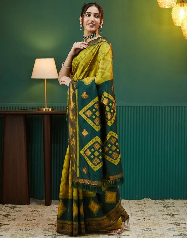 Royal Mustard Green Banarasi Silk Saree with Rich Zari Glow