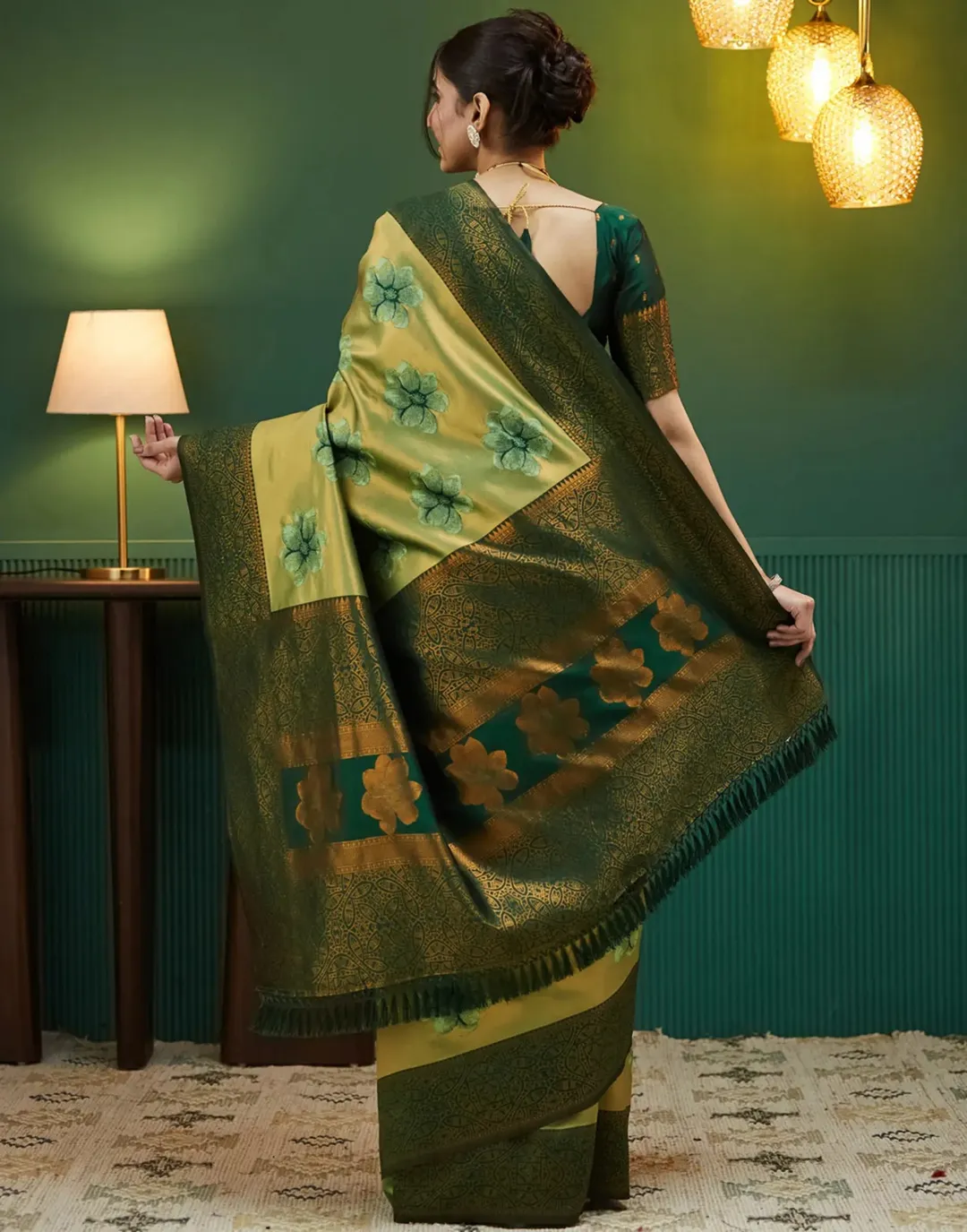 Olive Gold Banarasi Silk Saree with Rich Zari Bloom