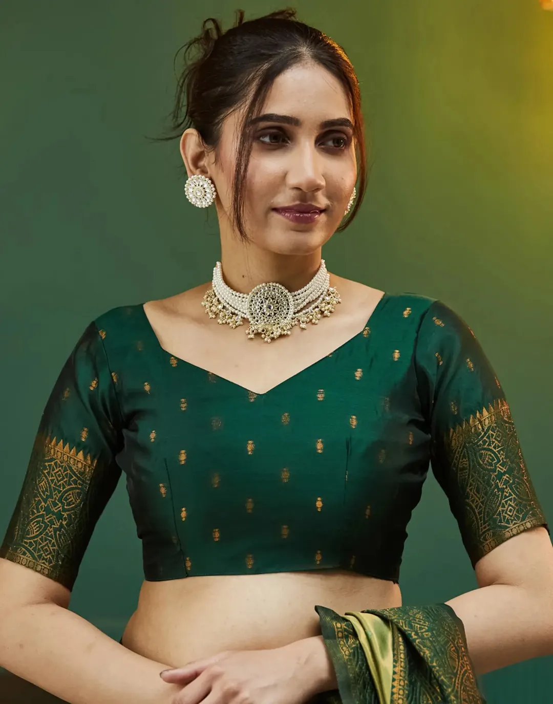 Olive Gold Banarasi Silk Saree with Rich Zari Bloom