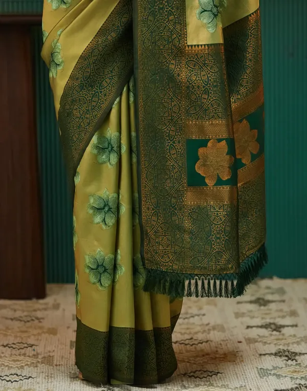 Olive Gold Banarasi Silk Saree with Rich Zari Bloom