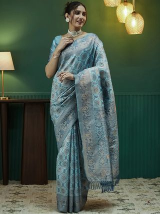 Sky Blue Banarasi Silk Saree with Elegant Zari Weave