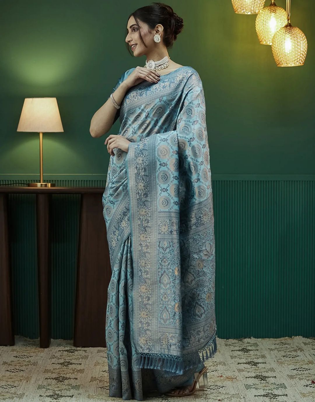 Sky Blue Banarasi Silk Saree with Elegant Zari Weave
