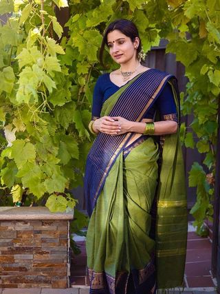 Classy Olive and  Navy Banarasi Silk Saree with Elegant Zari Look