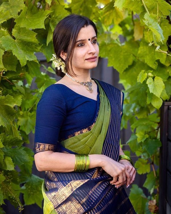 Classy Olive and  Navy Banarasi Silk Saree with Elegant Zari Look