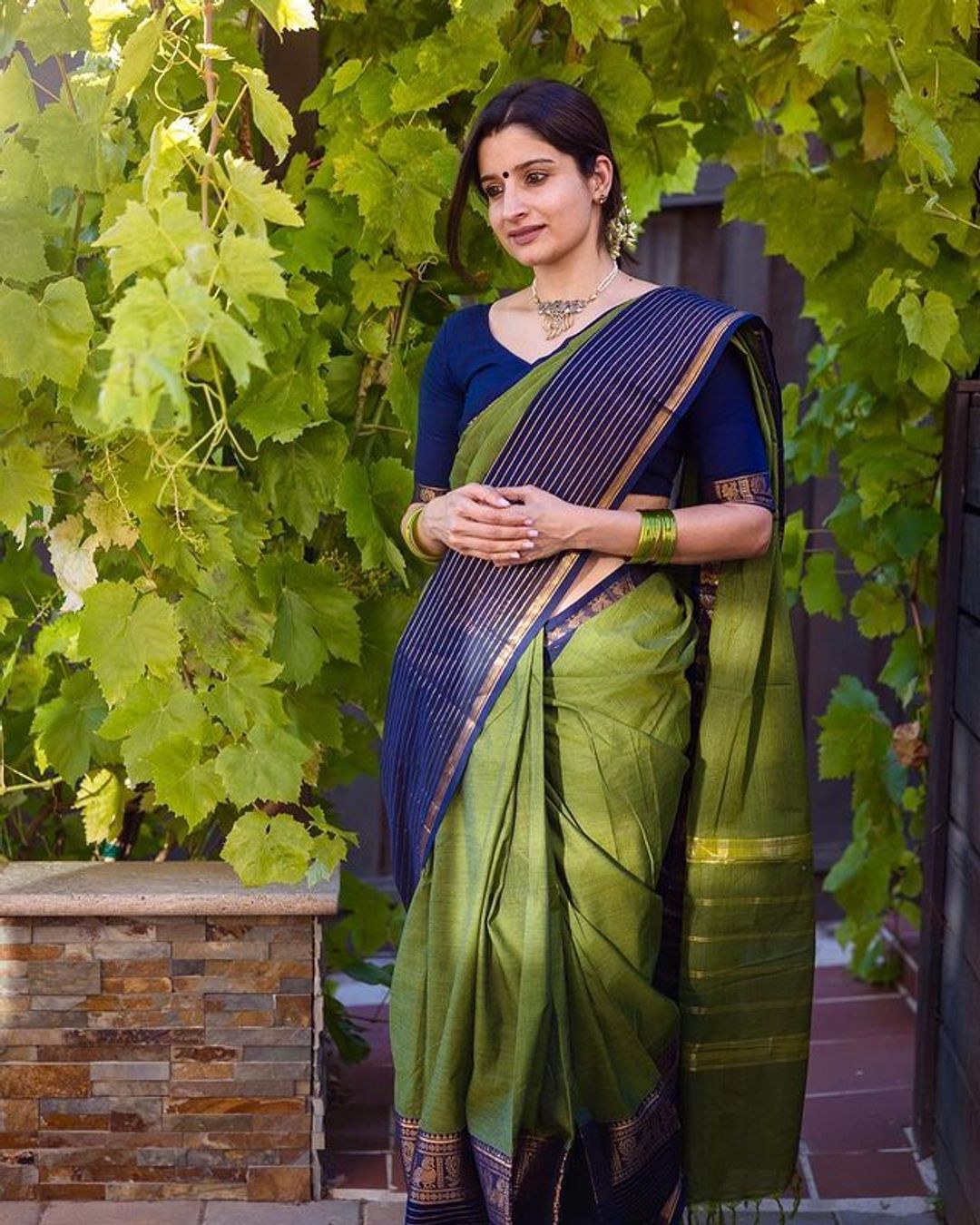 Classy Olive and  Navy Banarasi Silk Saree with Elegant Zari Look