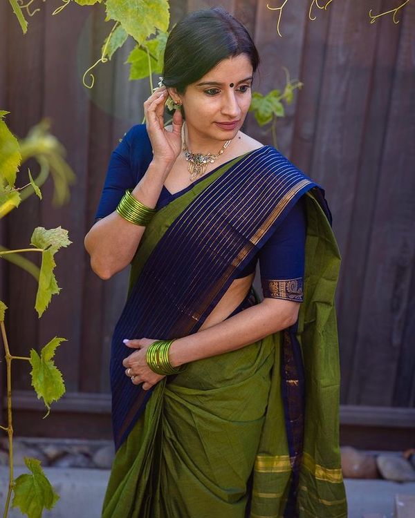 Classy Olive and  Navy Banarasi Silk Saree with Elegant Zari Look