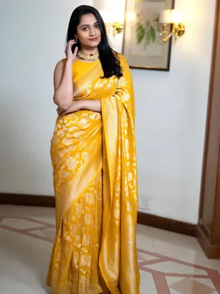 Sunshine Yellow Silk Saree with Traditional Zari Motifs