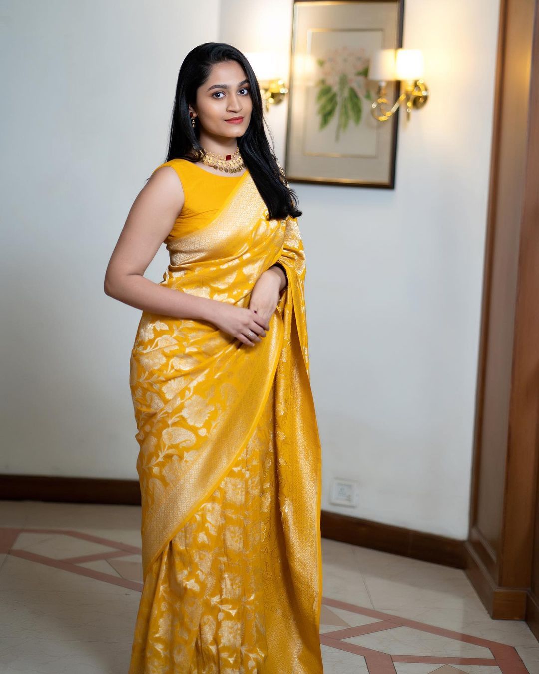 Sunshine Yellow Silk Saree with Traditional Zari Motifs
