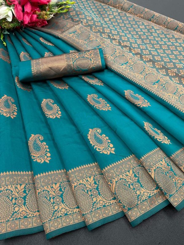 Festive Teal Banarasi Saree with Traditional Motifs