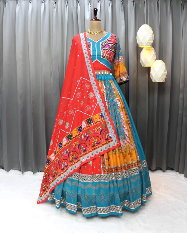 Vibrant Mirror Work Muslin Lehenga Choli Set Online