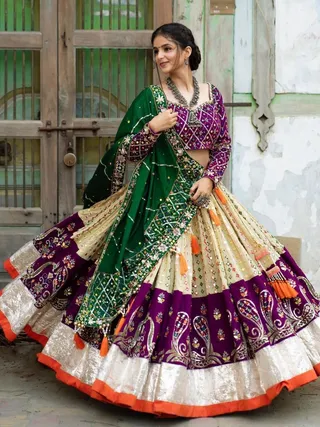Royal Purple Mirror Work Muslin Lehenga Choli Set