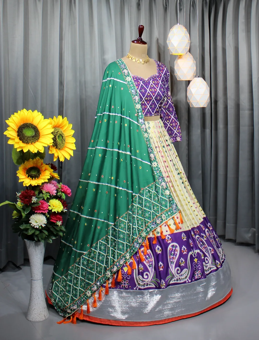 Royal Purple Mirror Work Muslin Lehenga Choli Set