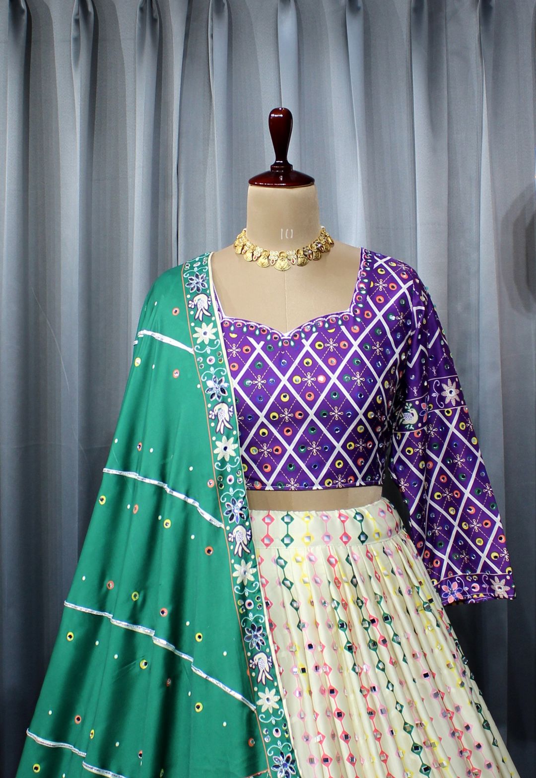 Royal Purple Mirror Work Muslin Lehenga Choli Set