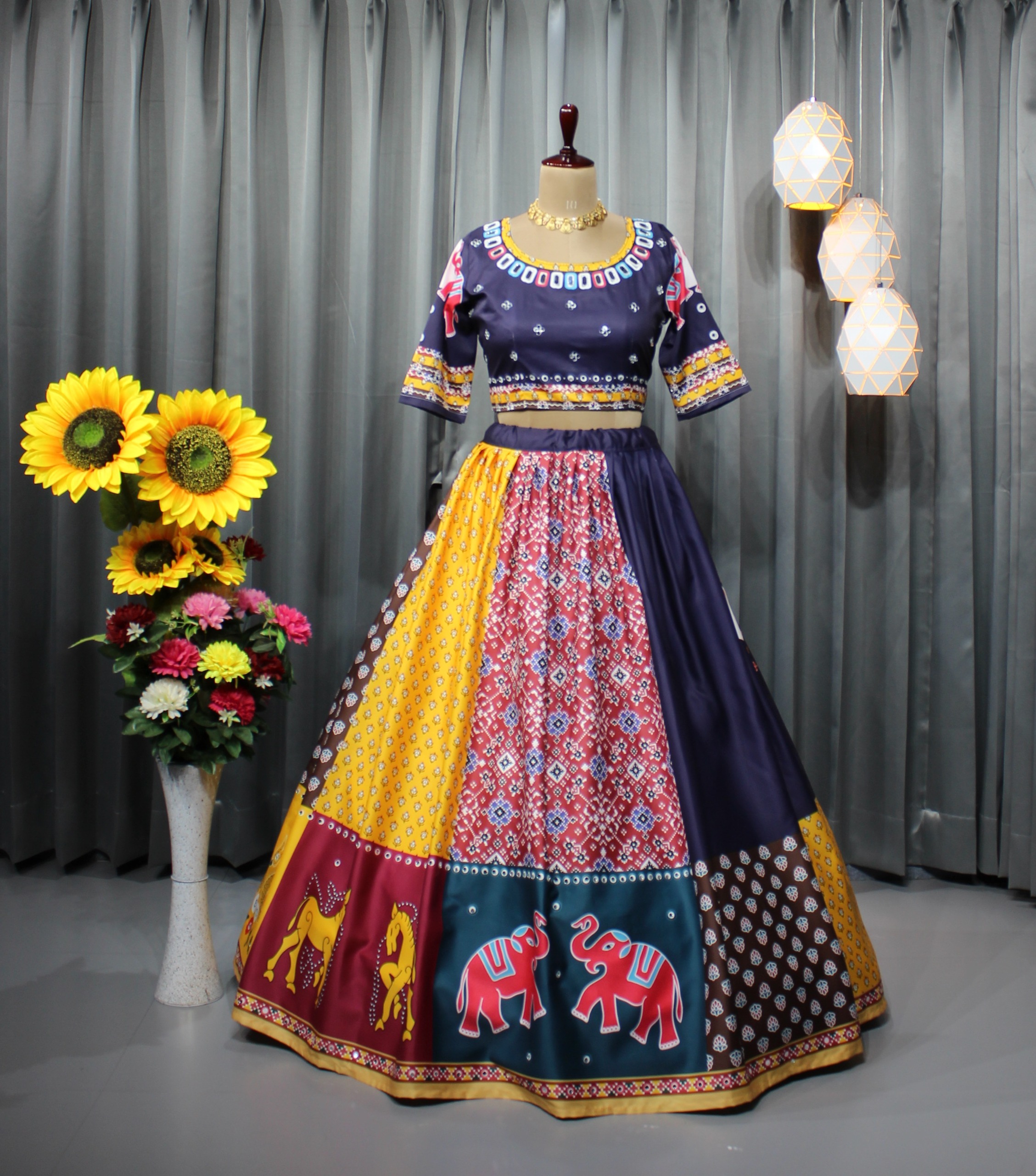 Printed multicolor silk lehenga for bridal