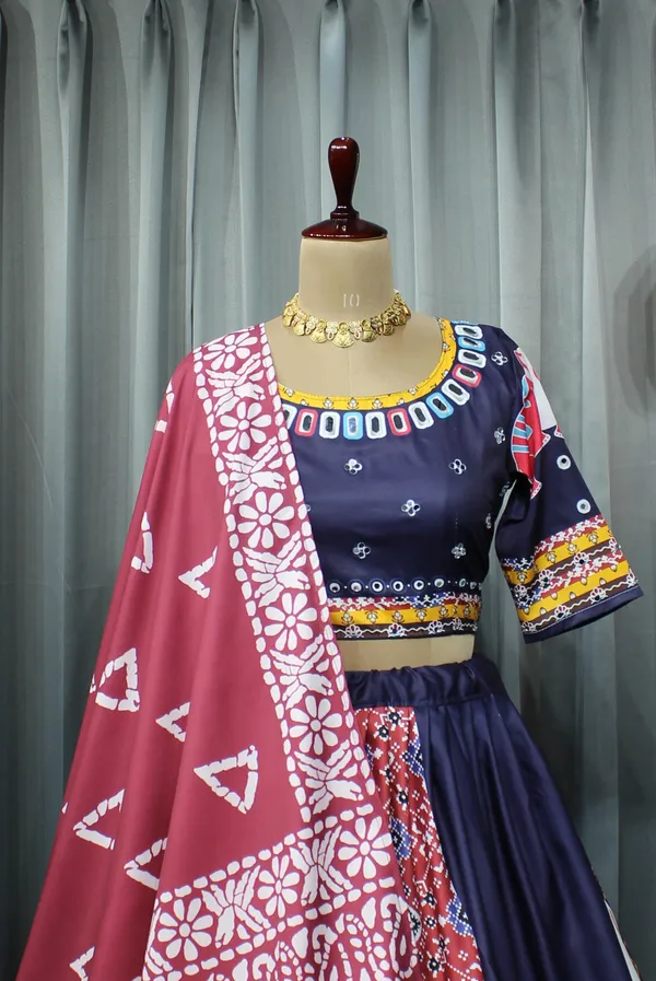Multicolor Printed Butter Silk Lehenga Choli Set