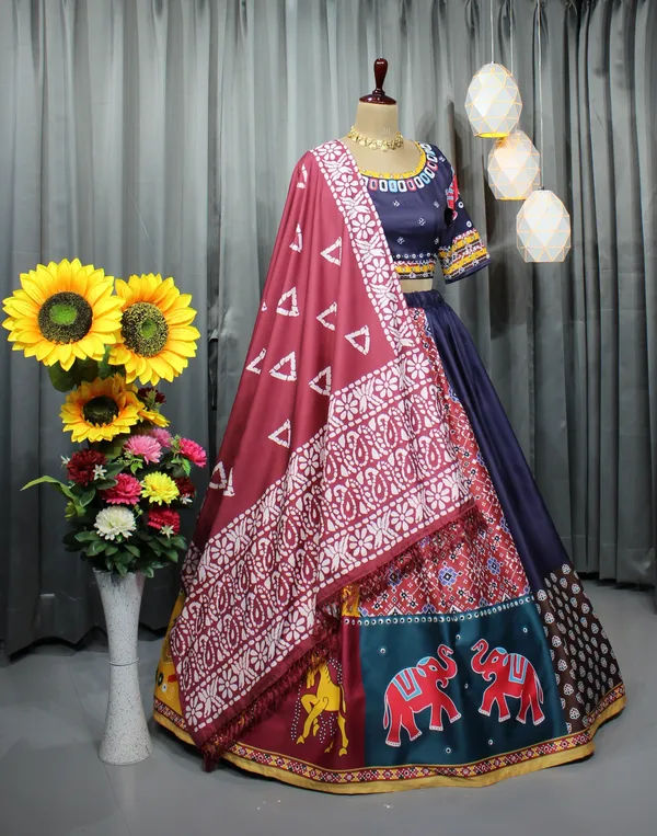 Multicolor Printed Butter Silk Lehenga Choli Set