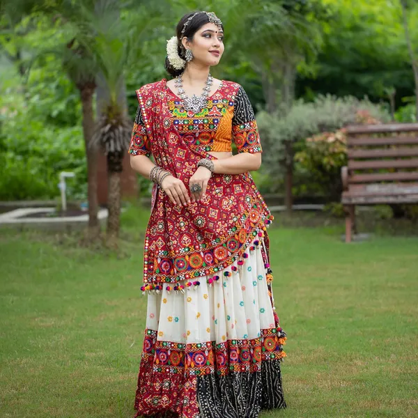 Red Multicolor Butter Silk Mirror Work Lehenga Set