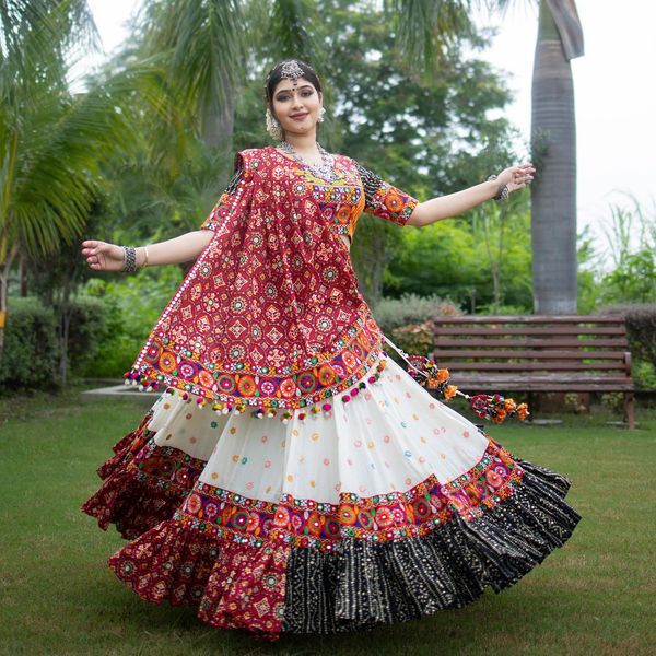 Red Multicolor Butter Silk Mirror Work Lehenga Set