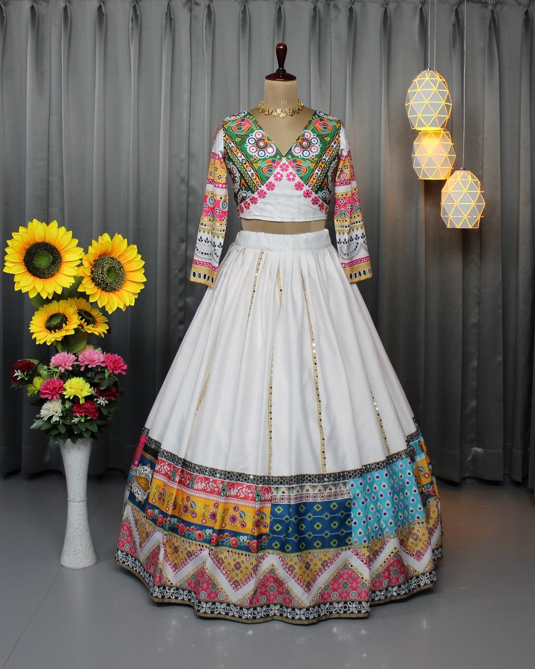 Festive White Lehenga Choli with Mirror Work Design