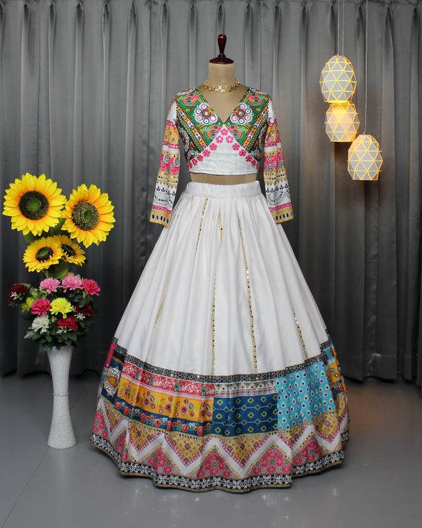 Festive White Lehenga Choli with Mirror Work Design