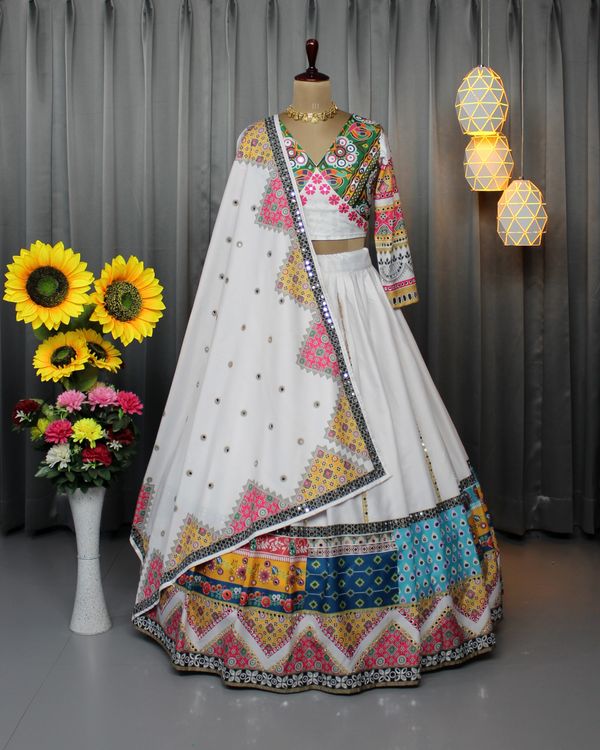 Festive White Lehenga Choli with Mirror Work Design
