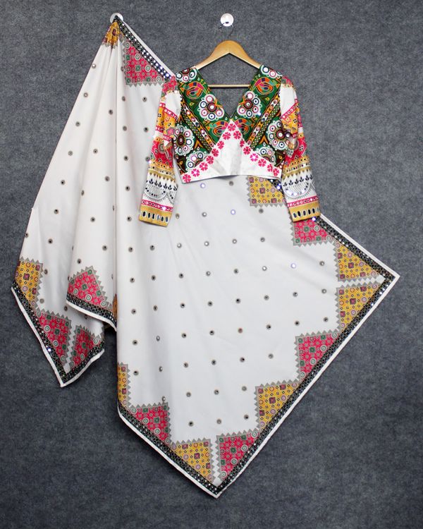 Festive White Lehenga Choli with Mirror Work Design