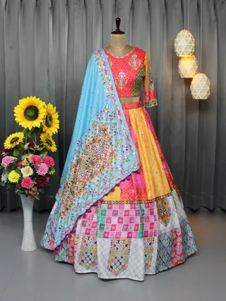 Colorful Patch Print Butter Silk Lehenga Choli Set