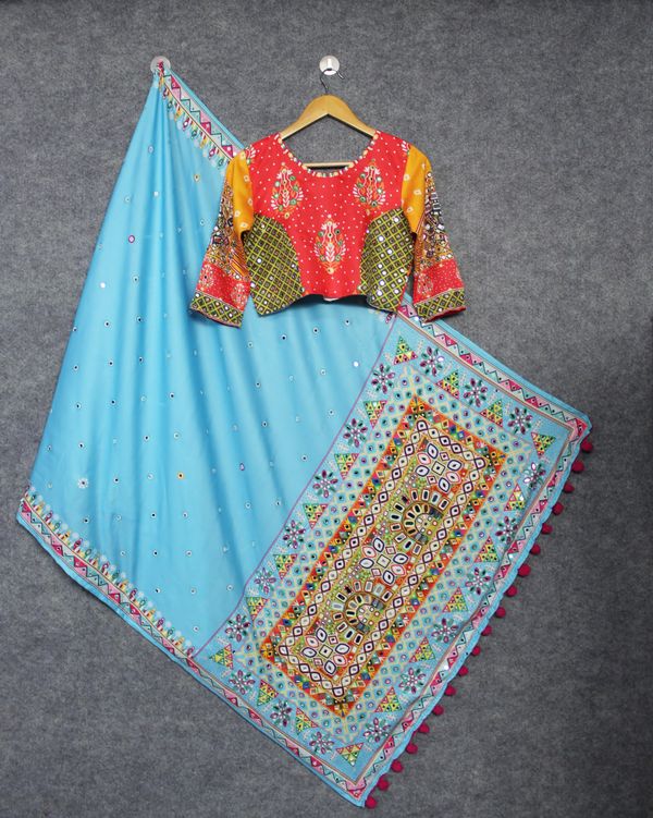 Colorful Patch Print Butter Silk Lehenga Choli Set