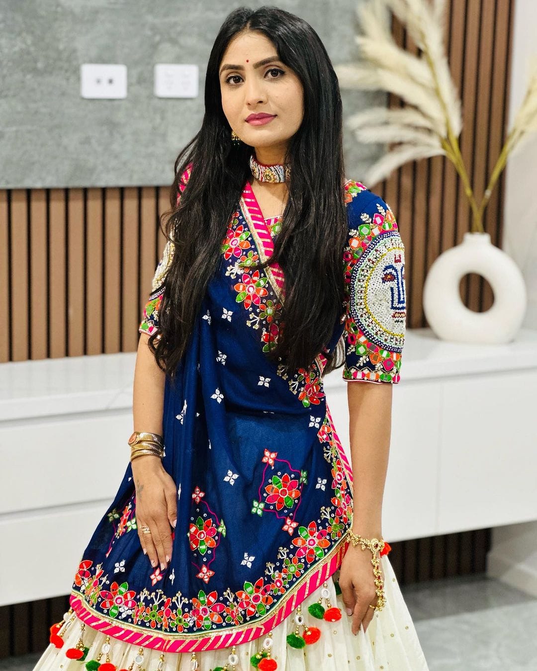 Blue cotton lehenga with mirror work