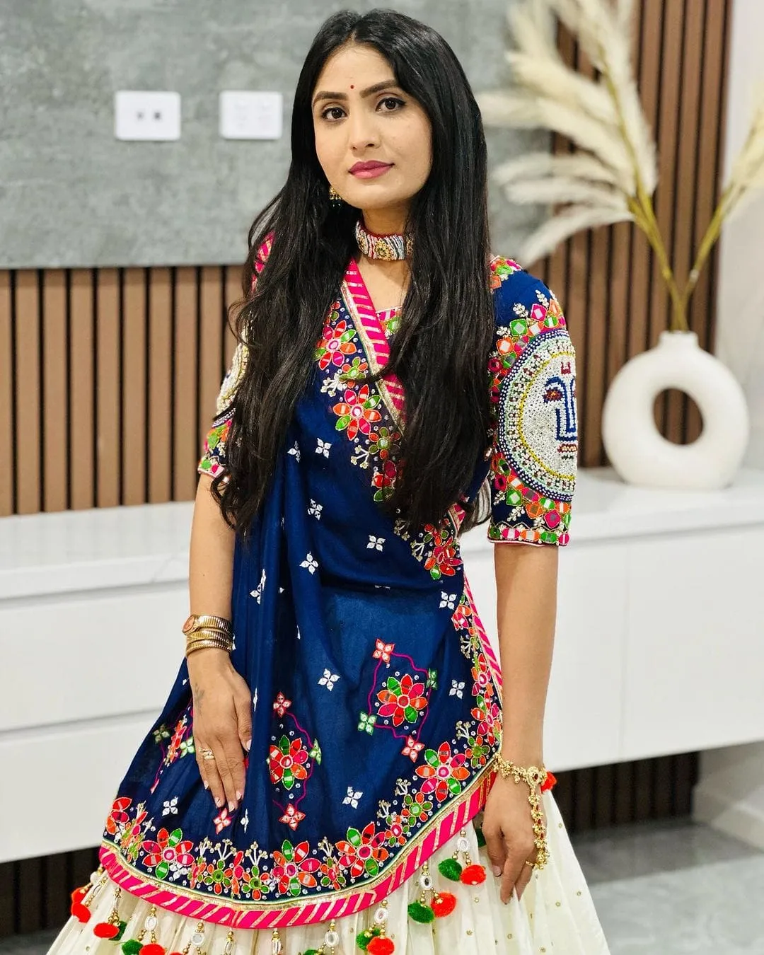 Designer Blue Muslin Cotton Lehenga Choli with Mirror Work