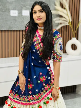 Designer Blue Muslin Cotton Lehenga Choli with Mirror Work