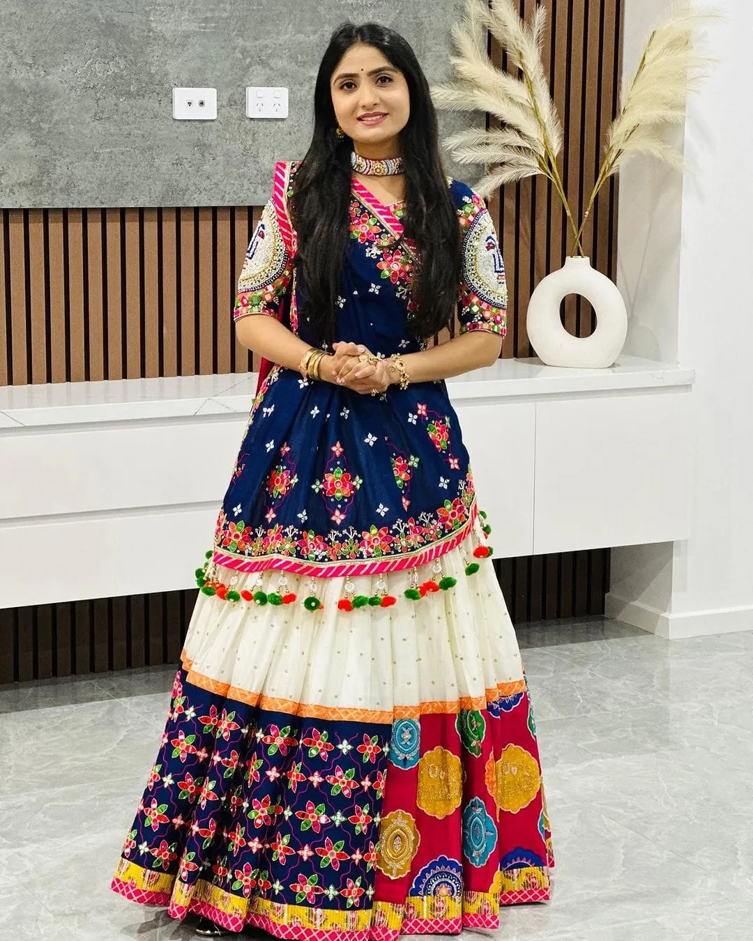 Designer Blue Muslin Cotton Lehenga Choli with Mirror Work