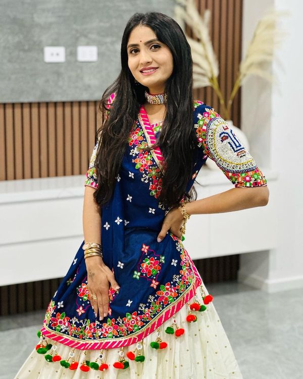 Designer Blue Muslin Cotton Lehenga Choli with Mirror Work