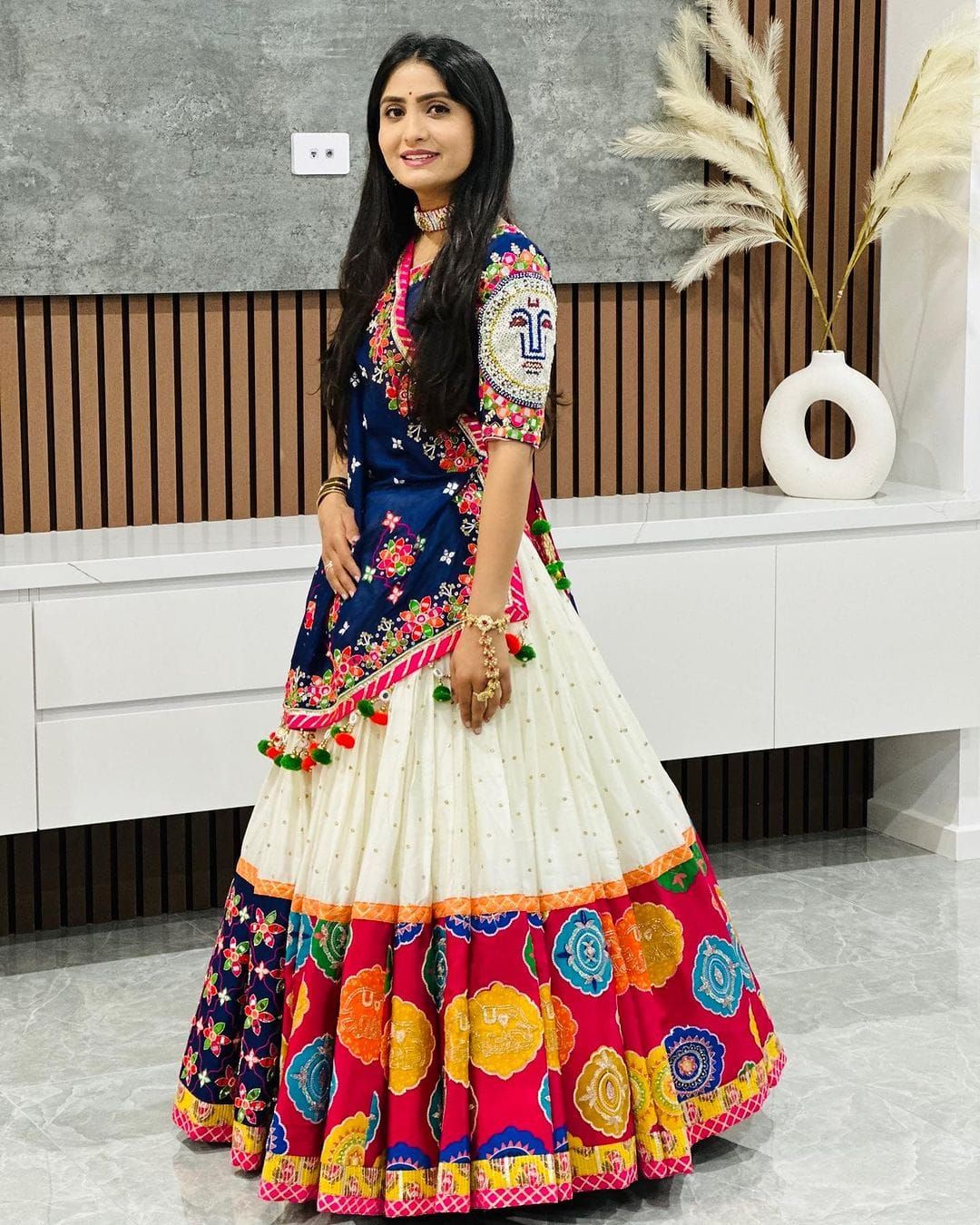 Designer Blue Muslin Cotton Lehenga Choli with Mirror Work